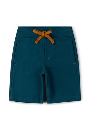 Teal knee-length shorts with an elastic waistband, orange drawstring tie, and front side pockets.