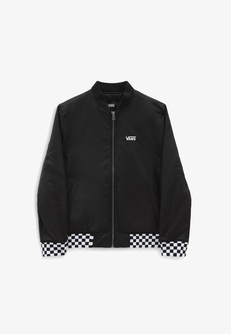 Veste zippée noire Vans avec logo Vans blanc sur la poitrine, présentant un motif à carreaux noir et blanc sur les poignets et le bas.