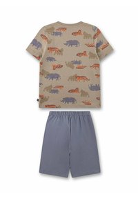 Das Set umfasst ein beiges T-Shirt mit kurzen Ärmeln und bunten Tiermotiven sowie graue Shorts. Das T-Shirt hat einen Rundhalsausschnitt und besteht aus weichem Stoff.