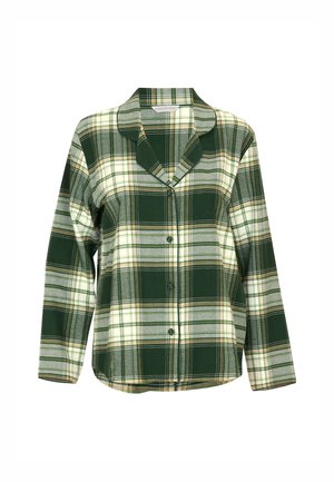 Groene geruite blouse met lange mouwen, knoopsluiting en kraag. Heeft afwisselende strepen in tinten groen, geel en grijs.