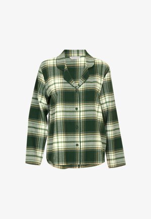 Zielona koszula w kratę z długimi rękawami, z zapięciem na guziki i kołnierzykiem. Posiada naprzemienne paski w odcieniach zieleni, żółci i szarości.