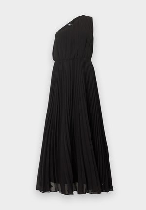 Black one-shoulder pleated maxi dress with fitted waist and flowing skirt on plain light background.