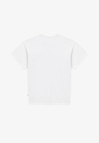 T-shirt en coton blanc uni à manches courtes vu de dos avec un col rond et une petite étiquette en tissu sur la couture latérale gauche.