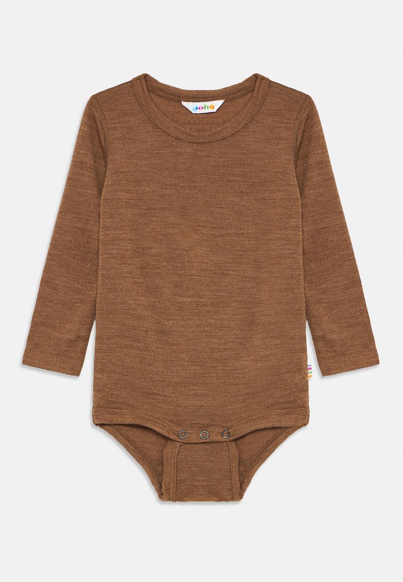 Bodysuit de bebé de manga longa castanho com gola redonda e três botões de pressão na zona da virilha, exibido em fundo branco.