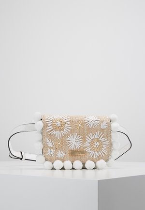 Beige woven handbag with white floral embroidery and pom-pom accents. Features a white strap and a small logo plate on the front.