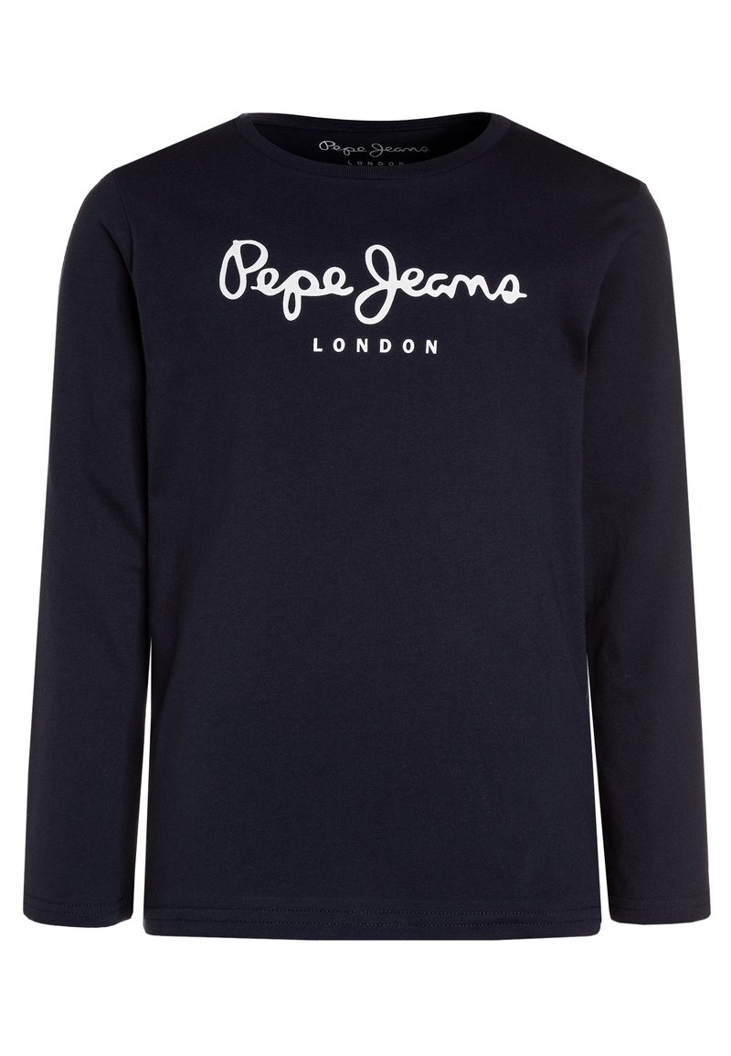 Granatowa koszulka z długim rękawem wykonana z bawełny, z białym napisem "Pepe Jeans LONDON" na wysokości klatki piersiowej i okrągłym dekoltem.