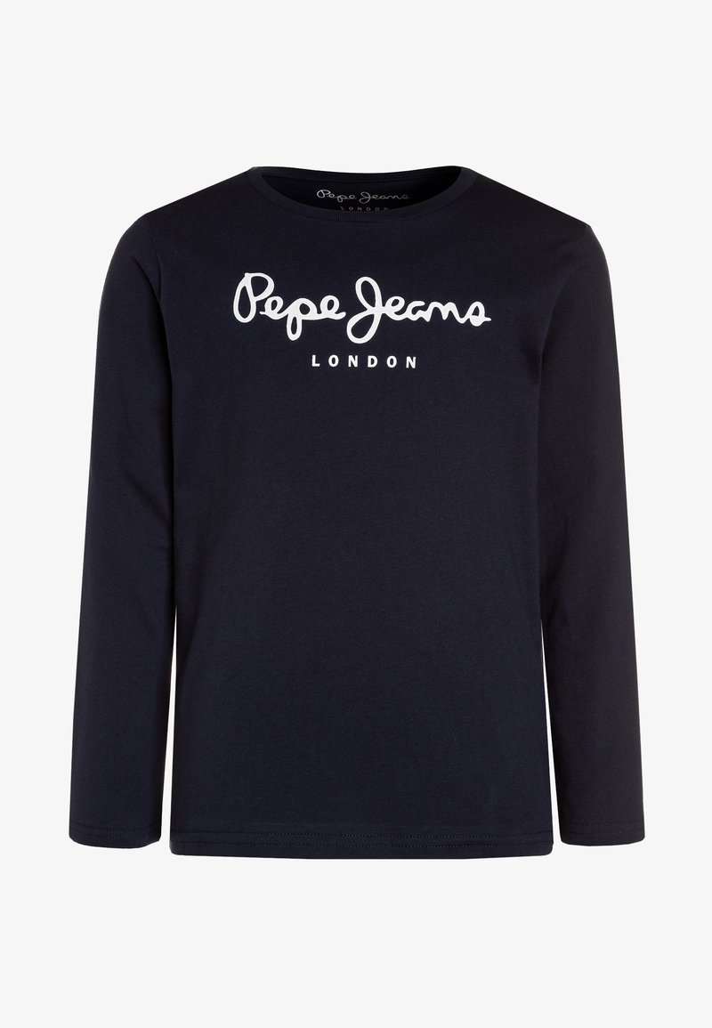 Granatowa koszulka z długim rękawem wykonana z bawełny, z białym napisem "Pepe Jeans LONDON" na wysokości klatki piersiowej i okrągłym dekoltem.