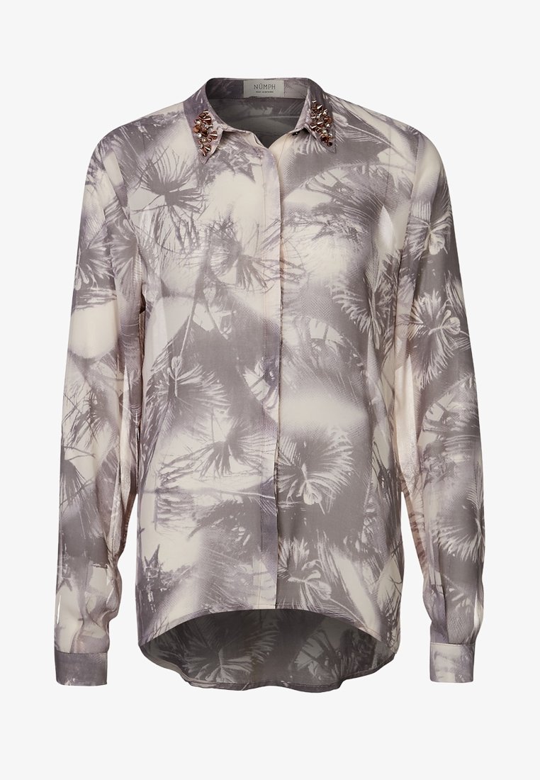 Langärmlige Bluse in Hellgrau mit botanischem Druck. Verfügt über einen spitzen Kragen, der mit dekorativen Verzierungen geschmückt ist. Glatte Stoffoberfläche.