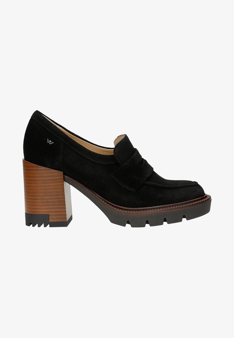 Chaussure à talon haut en daim noir avec un talon en bois épais, un bout carré et une bride décorative à l'avant. Semelle en caoutchouc texturée.