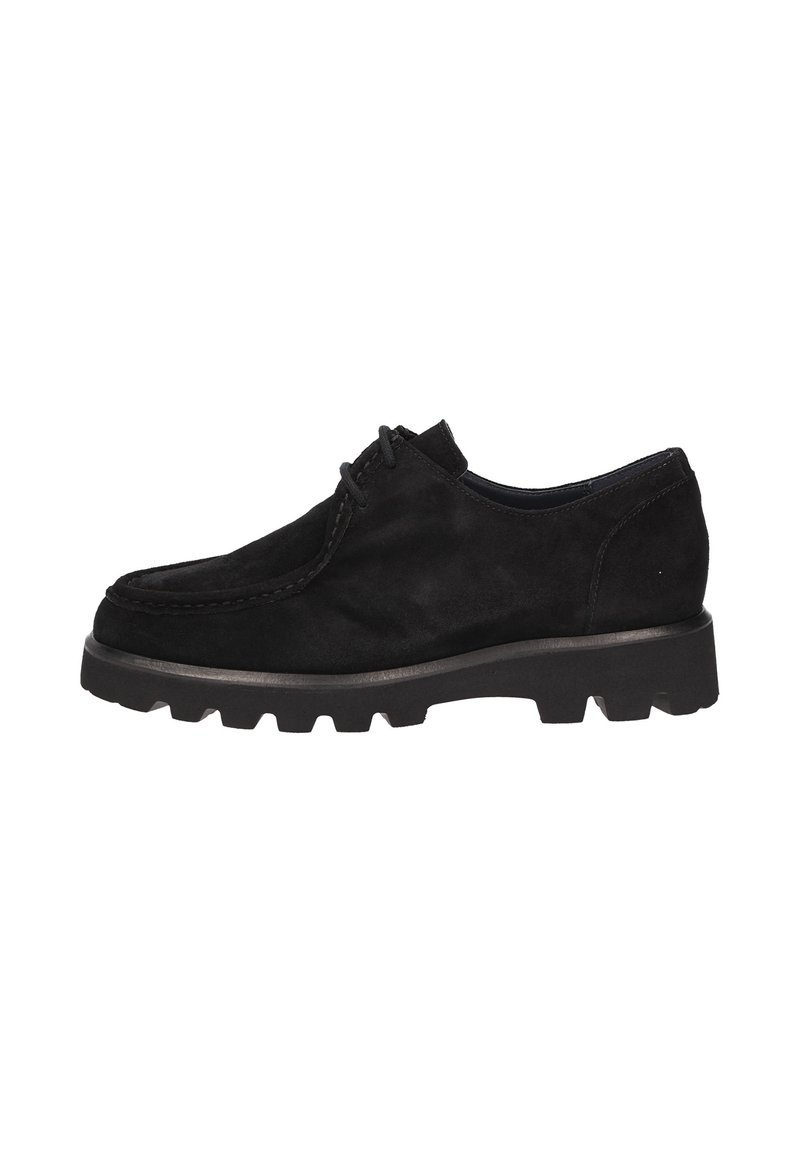Scarpa in pelle scamosciata nera con punta arrotondata, cuciture a contrasto e una suola spessa e robusta in gomma. Design con lacci e accenti minimi.