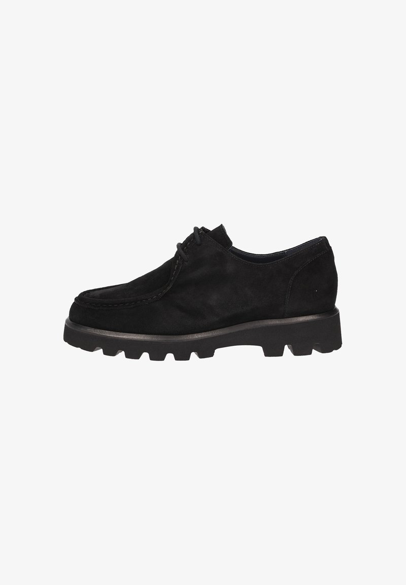 Scarpa in pelle scamosciata nera con punta arrotondata, cuciture a contrasto e una suola spessa e robusta in gomma. Design con lacci e accenti minimi.