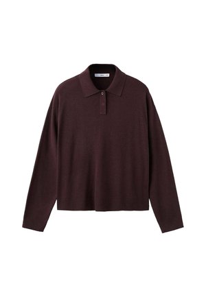 Pulover polo maro închis tricotat cu mâneci lungi, cu guler și pată cu două nasturi, prezentat pe un fundal alb.