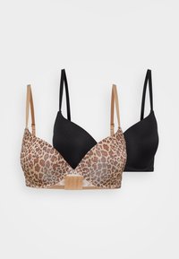 Two bras: one with a leopard print design and beige accents, the other solid black. Both have adjustable straps and a seamless, smooth texture.