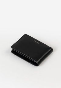 Black leather wallet with a sleek, rectangular shape, featuring a subtle logo accent and smooth texture. Designed with a bi-fold opening.