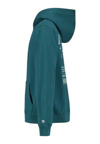 Teal hoodies dengan saku depan, menampilkan teks dan grafik yang dicetak. Terbuat dari bahan campuran katun, dengan cuff dan detail hem yang direbahkan.