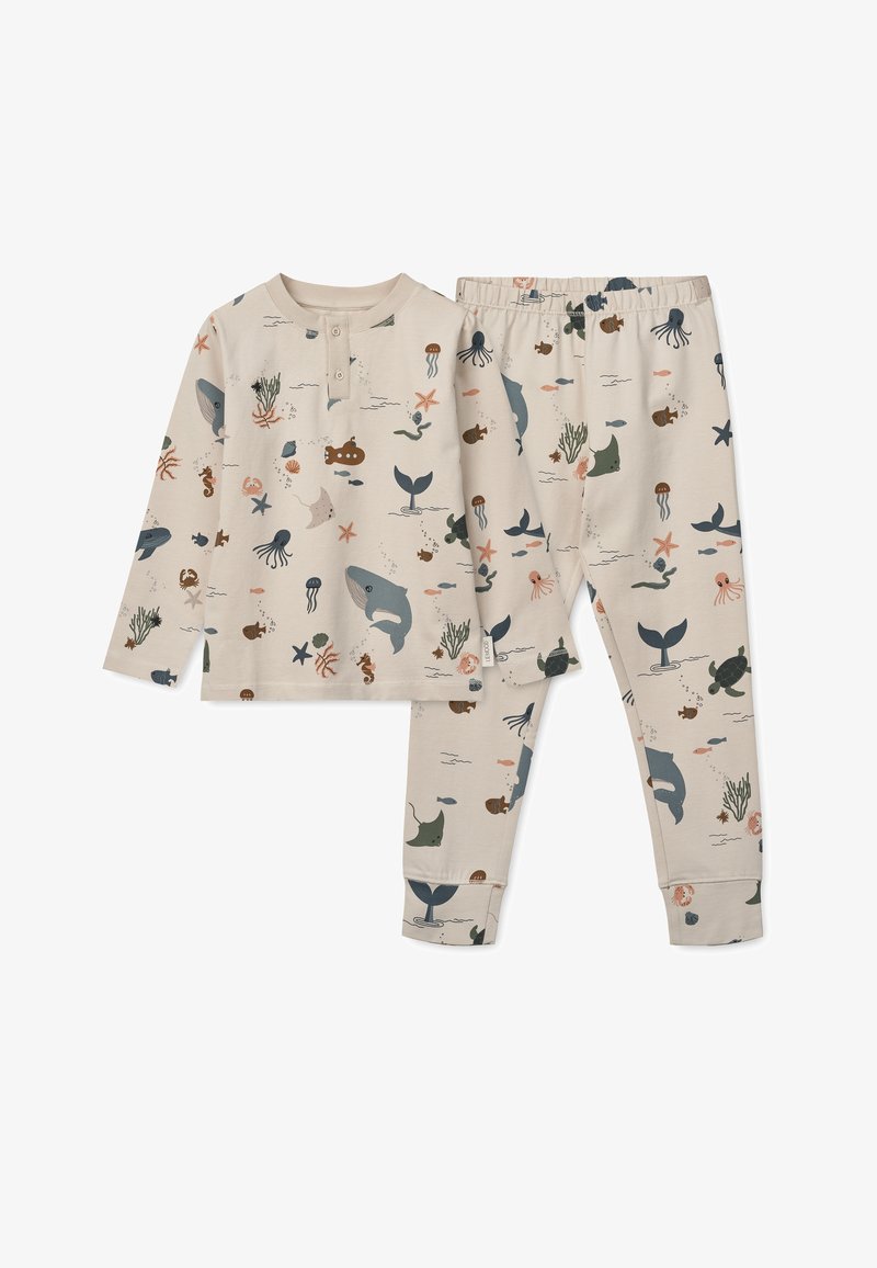 Beige pajama set featuring long-sleeve top and pants. Designs include marine animals and plants in green, blue, and orange tones. Soft fabric.