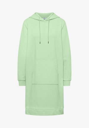 Vestito verde chiaro a maniche lunghe con cappuccio, tasca a marsupio frontale, cappuccio con coulisse, polsini a costine e orlo dritto.