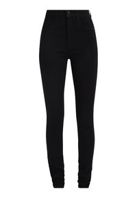 Black denim skinny jeans with a high waist, featuring a button closure, belt loops, and classic five-pocket design. Smooth texture and fitted shape.