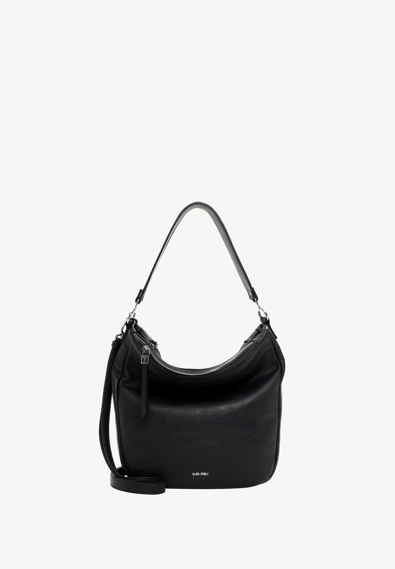 Zwarte leren hobo tas met een gladde textuur, gebogen vorm, verstelbare schouderband en zilveren hardware accenten. Voorzien van een ritssluiting aan de bovenkant.