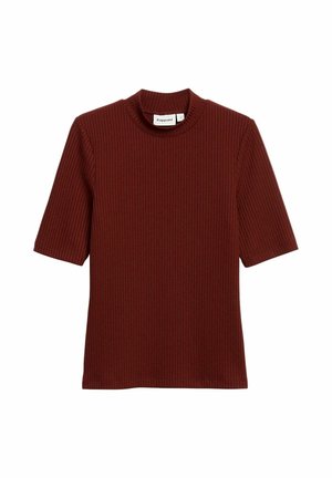 Kortärmelig, geribbelde gebreide top in donkerrood met een coltrui en een klein merkembleem aan de binnenkant van de kraag.