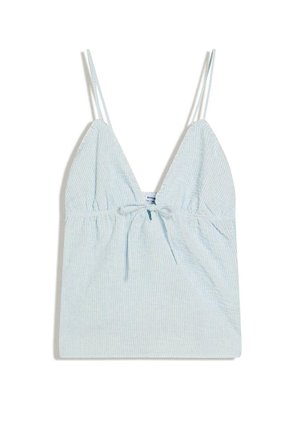 Világoskék és fehér csíkos, ujjatlan kombidressz vékony, állítható vállpántokkal és elől megkötött részlettel.