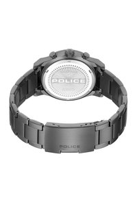 Orologio da polso con bracciale in acciaio inox argentato, cassa rotonda, quadrante bianco con linee orizzontali e logo, pulsanti laterali.