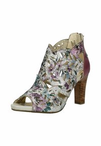 Chaussure à talon haut ouverte avec un design floral découpé en violet, turquoise et argent. Dotée d'un talon en bois brun texturé.