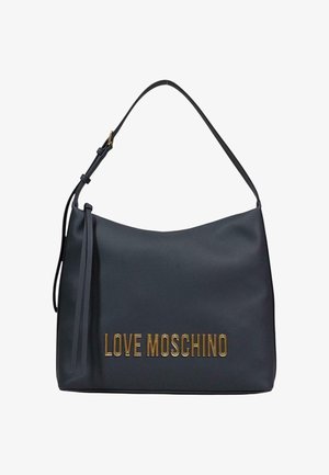 Borsa a tracolla in pelle nera con scritta dorata "LOVE MOSCHINO" e tracolla regolabile con dettaglio nappina.