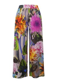 Wijdvallende bloemenbroek van lichtgewicht stof met levendige oranje, roze en paarse bloemen op een grijze achtergrond, voorzien van een elastische tailleband.