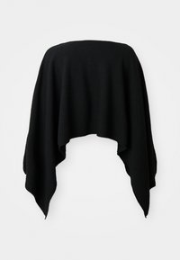 Șal negru tricotat, cu un design liber și drapat, având o siluetă largă și margini conice, realizat dintr-un material moale și texturat.