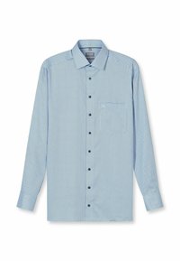 Hellblaues Langarmhemd mit kleinem Polka-Dot-Muster, Button-Down-Kragen, Brusttasche und dunkelblauen Knöpfen.