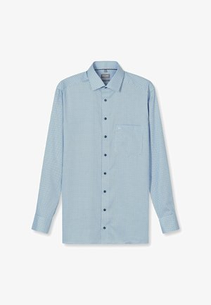 Hellblaues Langarmhemd mit kleinem Polka-Dot-Muster, Button-Down-Kragen, Brusttasche und dunkelblauen Knöpfen.