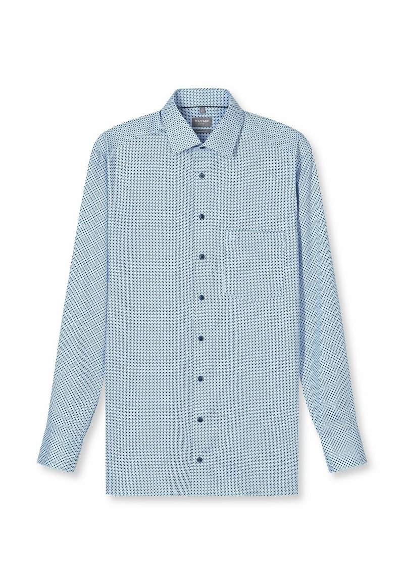 Hellblaues Langarmhemd mit kleinem Polka-Dot-Muster, Button-Down-Kragen, Brusttasche und dunkelblauen Knöpfen.