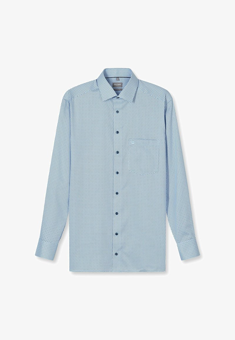 Hellblaues Langarmhemd mit kleinem Polka-Dot-Muster, Button-Down-Kragen, Brusttasche und dunkelblauen Knöpfen.