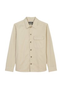 Beige long-sleeve shirt made of lightweight fabric, featuring a button-down front, pointed collar, and a single chest pocket.