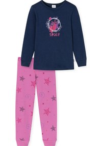 Long-sleeve navy top with a "Space" graphic; pink pants with star and swirl patterns in black, red, and blue. Soft cotton material.