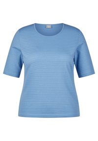 Blaues kurzärmliges Hemd aus strukturiertem Stoff, mit Rundhalsauschnitt und lockerer Passform. Zartes Karomuster über die Oberfläche.