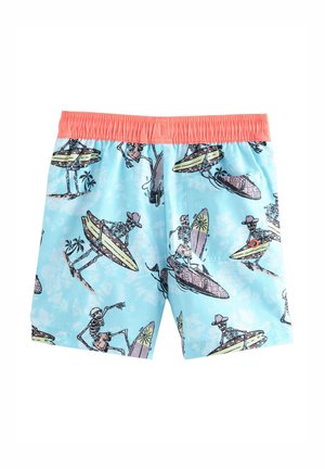 Világoskék fürdőnadrág korall színű derékpánttal, mintázatán színes szörfdeszkákon szörföző csontvázak láthatók.