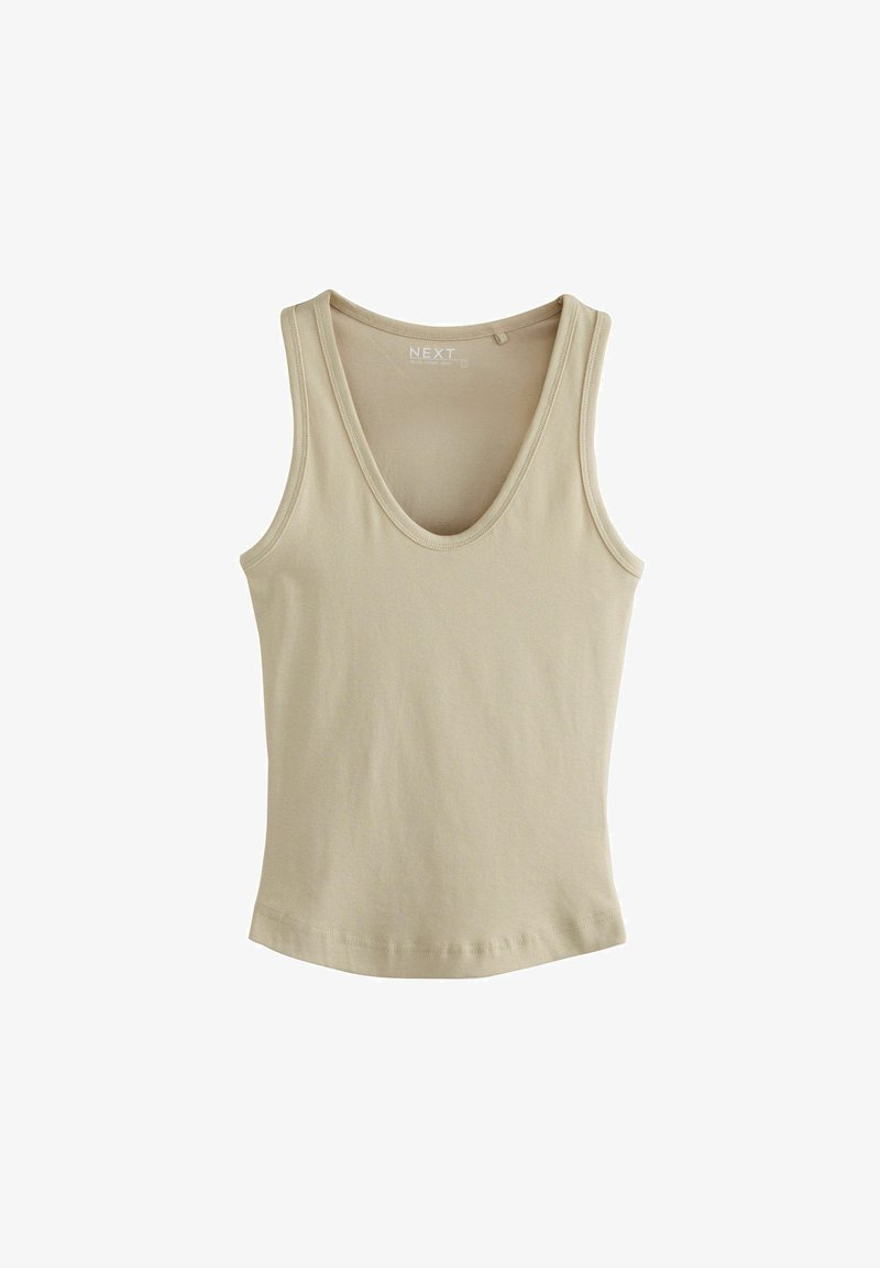 Beige sleeveless tank top with scoop neckline, made of soft fabric, displayed flat against a white background.