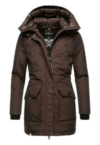 Brown parka jacket with a zip and button closure, two front pockets, hood, and patterned lining. Features elastic cuffs and sturdy material.