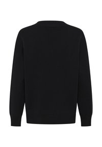 Pull noir à manches longues en tricot avec ourlet et poignets côtelés, présenté de dos sur fond blanc.