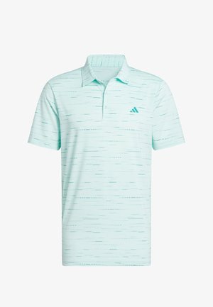 Mätovo zelená polokošeľa s textúrovaným vzorom, trojicou gombíkov na zapínanie, krátkymi rukávmi a malým tyrkysovým logom na ľavej strane hrudníka.