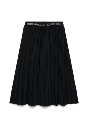 Jupe midi plissée noire avec une fine ceinture noire présentant un petit détail mors doré à la taille.