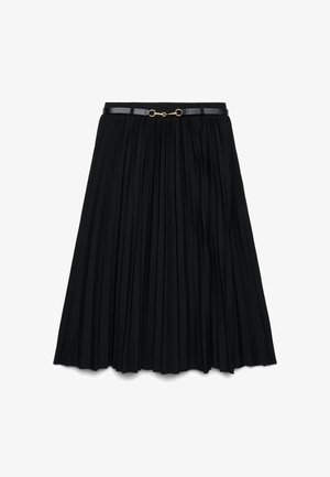 Jupe midi plissée noire avec une fine ceinture noire présentant un petit détail mors doré à la taille.