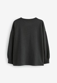 Schwarzer, langärmeliger Pullover mit entspannter Passform. Weicher Stoff, runder Ausschnitt und geraffte Bündchen. Glattes, unverziertes Material.