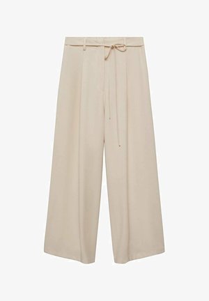 Bežové široké nohavice vyrobené z hladkej látky, s viazaním v páse, skladaním a voľným strihom pre pohodlie a ľahký pohyb.