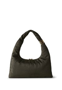 Dunkelgrüne Handtasche mit lockerem Design, strukturierter Oberfläche, gepolstertem Griff und goldenen, runden Metallakzenten. Reißverschluss oben.