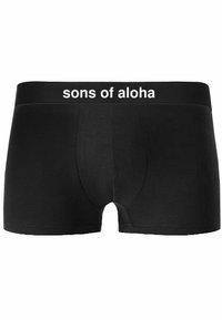 Boxer brevi neri con un morbido elastico in vita con la scritta "sons of aloha" in bianco. Texture liscia, design aderente e taglio di lunghezza intermedia.