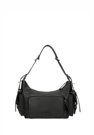 Sac à épaule en cuir noir avec poche avant zippée, deux poches latérales à rabat et bandoulière réglable avec détails de boucle.