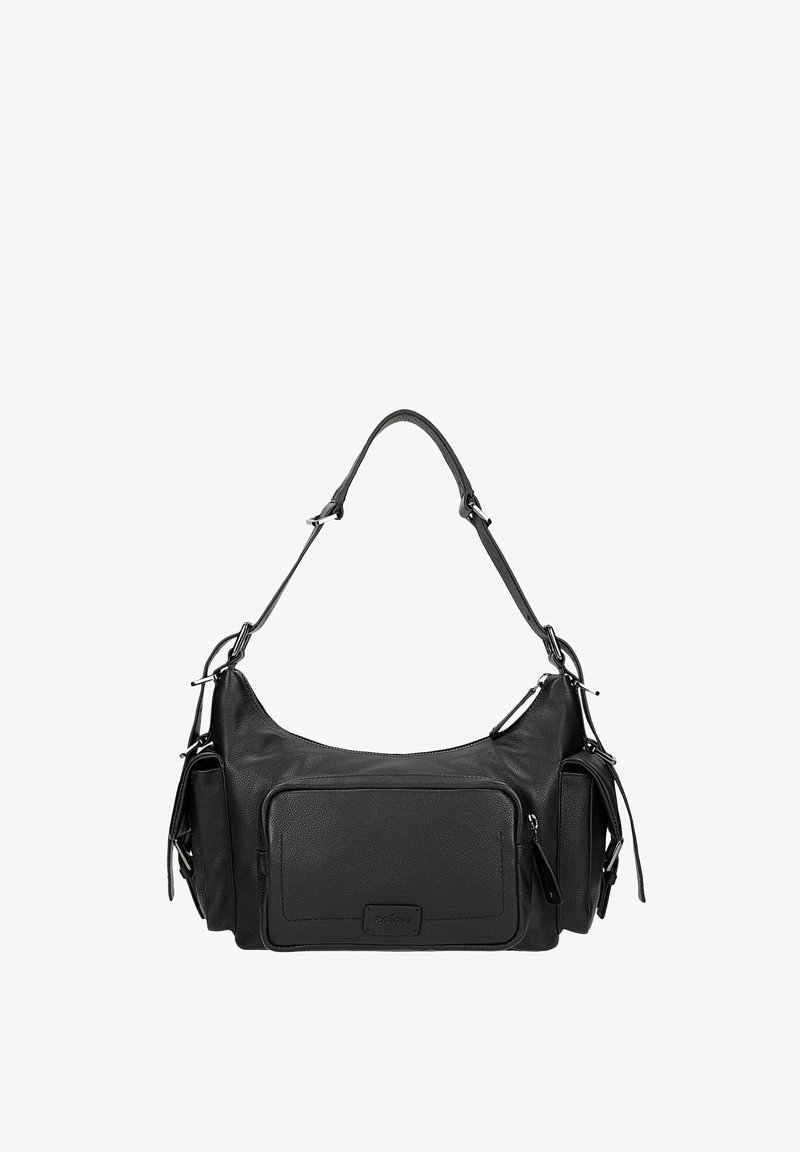 Sac à épaule en cuir noir avec poche avant zippée, deux poches latérales à rabat et bandoulière réglable avec détails de boucle.